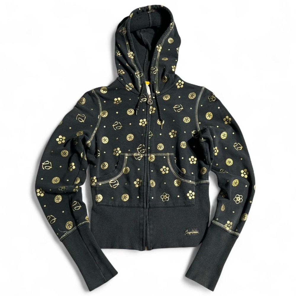 Y2K Black Gold Pepe Jeans Patterned Zip Up Hoodie Jacket Small
